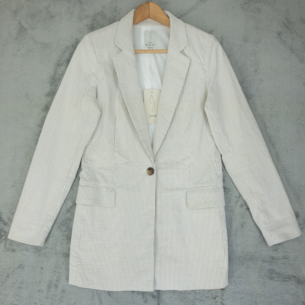 Joie Blazer Womens Small White Pinstripe Cotton Blend Longline Career Jacket